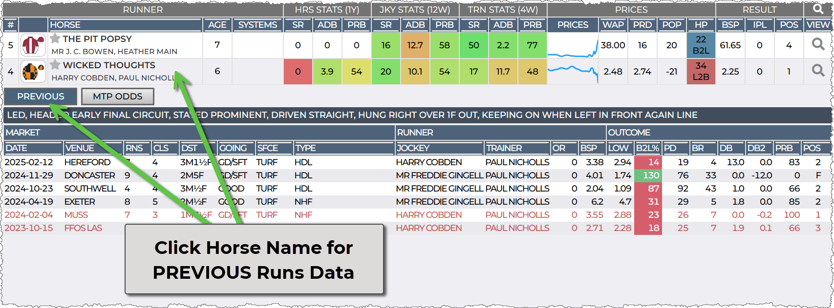 Runners past run are show under the runner in the table as a child row to the main runner row. Run comments are show when the past race is hovered over, 