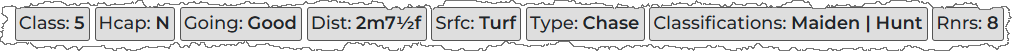 Race information is whown in 'blobs': class, Hcap (Y/N), going, race distance, race type (eg: chase turf), race classification (ed: hurdle), number of runners.