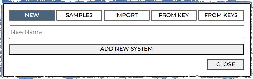 The new systems popup with NEW highlighted allowing a blank system withj a new name to be added