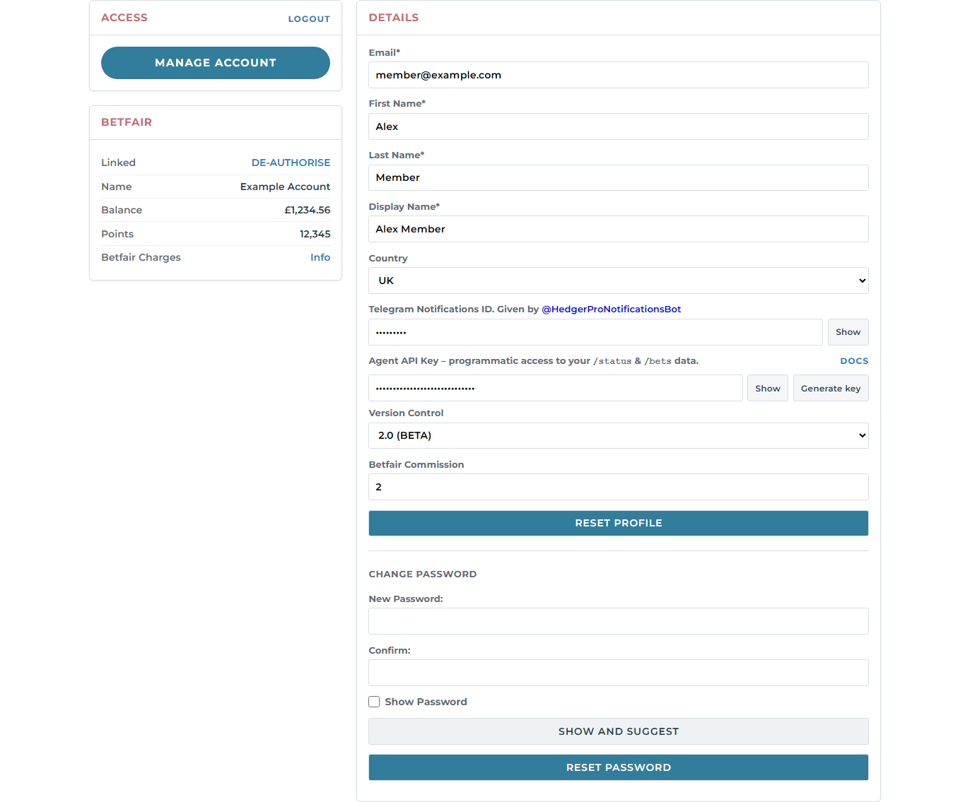 Account page overview