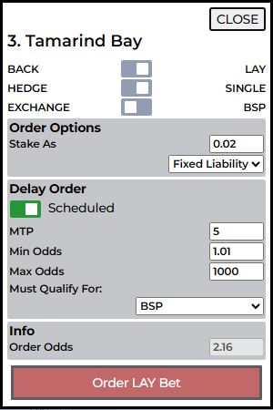Scheduled order options in betting slip