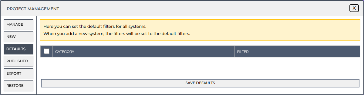 Setting default filters dialog